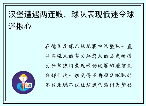 汉堡遭遇两连败，球队表现低迷令球迷揪心